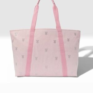 NWT Victoria's Secret Light Pink Rhinstone Embellished CANVAS Tote with Stripes